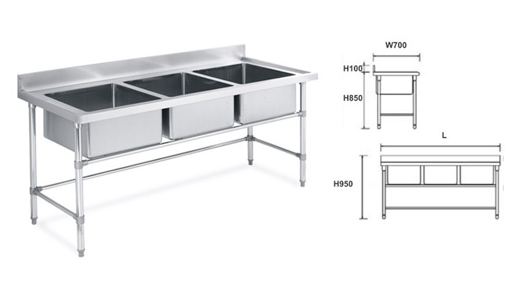 700mm 3 Sinks Round Tube  Working Bench With Splashback